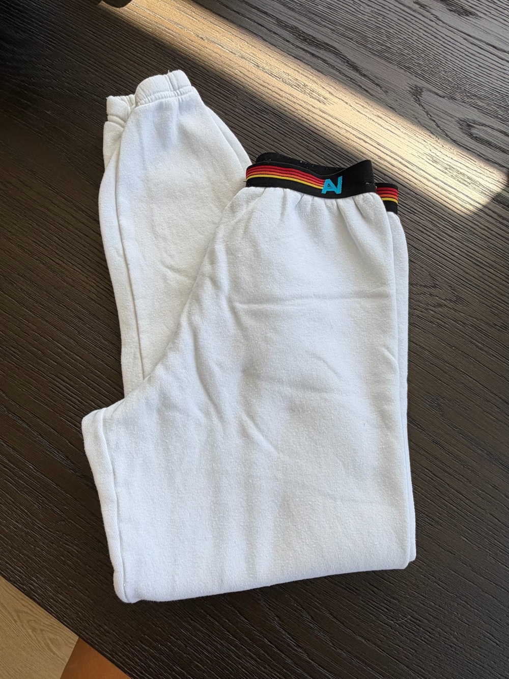 Aviator Nation White Fleece Sweatpants with Rainbow Waistband. Sz small